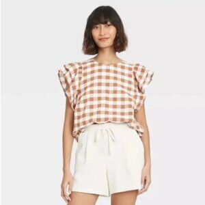 A New Day Ruffle Sleeve Linen Blend Plaid Top - Size Med